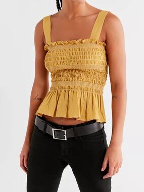 Urban Outfitters Smocked Square-Neck Cami Small Mustard Yellow Bohemian Summer